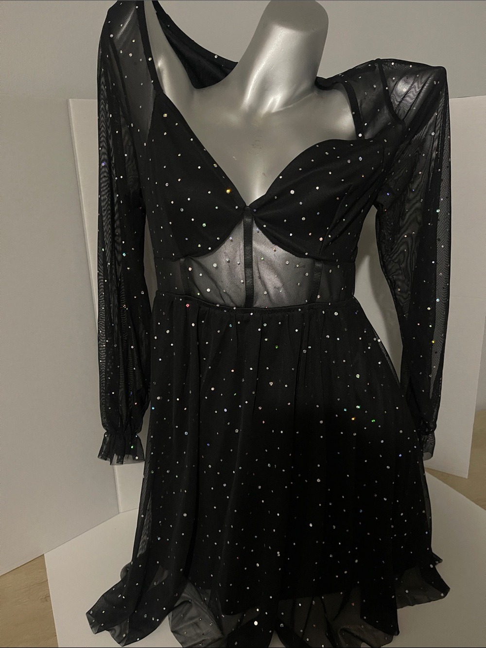 SHEIN Black Mesh Sparkle Long Sleeve A-Line Dress